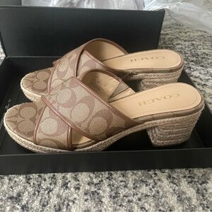 COACH Sloan Espadrille Khaki Saddle Brown Logo Size 9.5 B